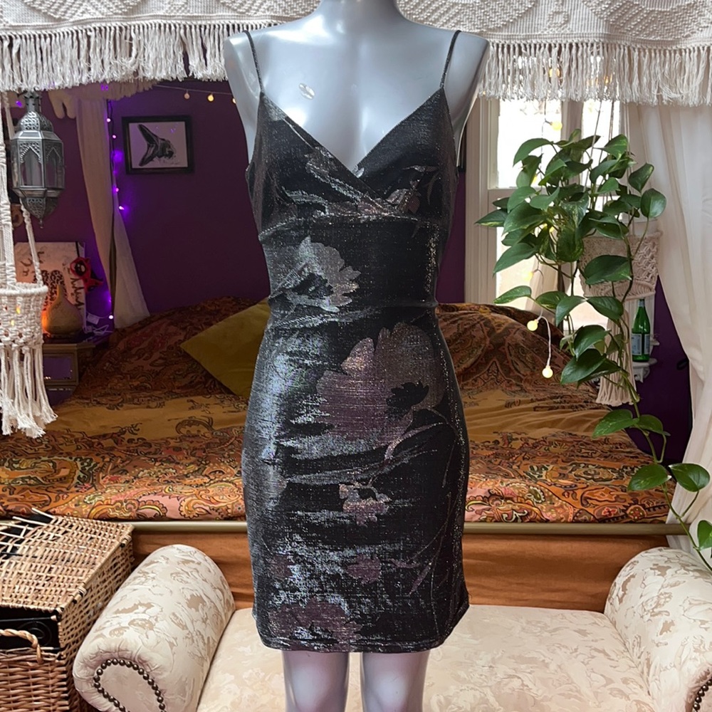 Vintage Y2K Metallic Shiny Silver Floral dress